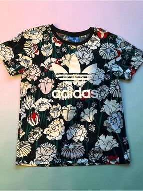 adidas Black Floral Logo Short Sleeve Tee